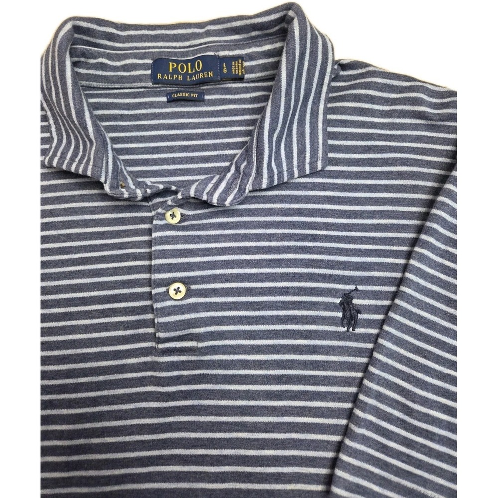Polo Ralph Lauren Shirt Men Large Blue Striped Two Tone Classic Fit Short Sleeve